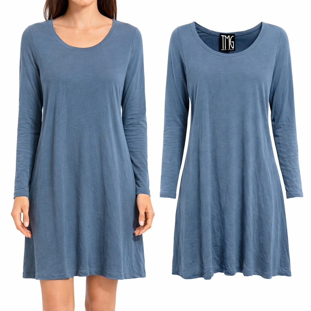 TMG New York Blue Long Sleeve Swing Mini Dress‎ Medium Relaxed Fit Jersey knit